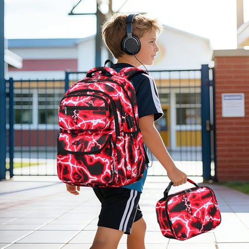 Bevalsa Backpack for Boys, Lightning School Bags with Lunch Bag & Pen Case for Kids, Bookbag for Boys Teens Elementary Middle High School - color: Red