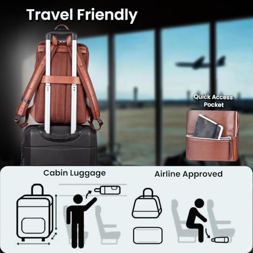LEATHER VILLAGE Leather Laptop Backpack for Men with Trolley Strap 16L Slim - color: Cognac