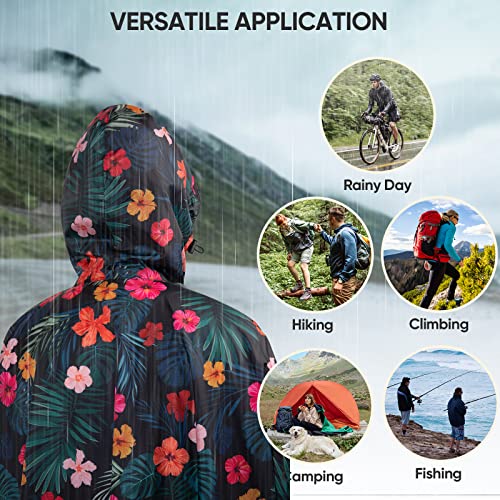 PTEROMY 3-in-1 Hooded Rain Poncho for Adult with Pocket, Waterproof Lightweight Unisex Raincoat for Hiking Camping Emergency - color: Blossom Season 1/4 Zipper