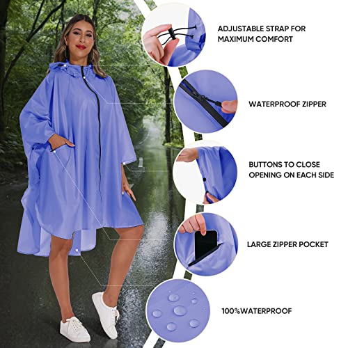 PTEROMY Hooded Rain Poncho for Adult with Pocket and Zipper, Waterproof Lightweight Raincoat for Men and Women - color: Purple