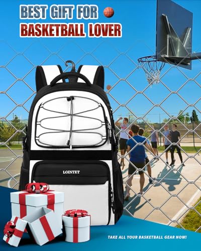 LOINTET Basketball Bag Backpack with Ball Holder Shoes Compartment, Large Basketball Accessories Sports Bag - color: White
