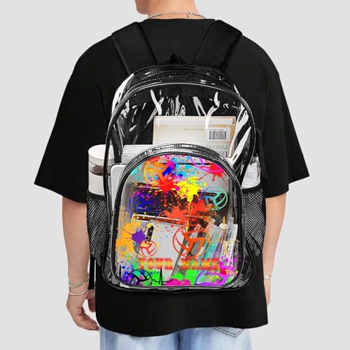 Custom Volleyball Clear Backpack Heavy Duty for Girls Kids Boys | Large Cool PVC Volleyball Theme Printing Transparent Backpacks for Schools Stadium Concerts Work - Clear/Black - color: Volleyball Clear Backpack 1 Black With Front Pocket Custom