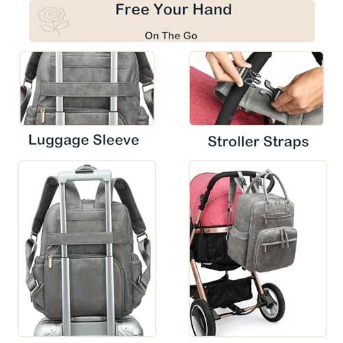 Leather Diaper Bag Backpack for Women with Multiple Pockets,Laptop Compartment and Changing Pad. - color: Grey