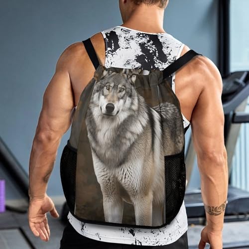 Drawstring Gym Backpack with Shoe Compartment And Wet Pocket, 28L Lightweight Waterproof Wild Wild Gray Wolf Sports Backpack for Workout Swim Beach Travel String Bag for Men Women