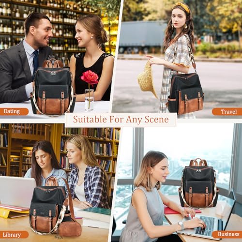 AGLOD Backpack Purse for Women PU Leather Back Packs Designer Ladies Shoulder Bag Fashion Faux Work Travel Handbags - color: Black-brown