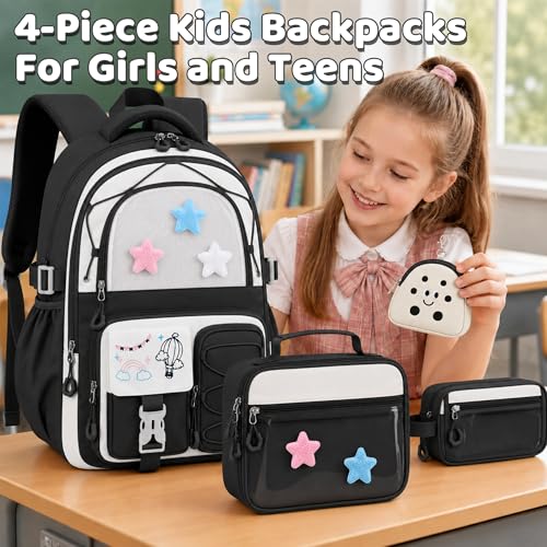 Girls Backpack with Lunch Box, 4 PCS Black Kawaii School Bookbag for Girls - color: Black