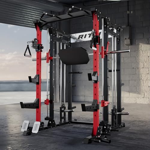 RitFit Buffalo Smith Machine, Power cage with LAT-Pull Down System & Cable Crossover System, All-in-One Squat Rack for Home Gym, Power Rack - color: RED, size: Package(With Bench)
