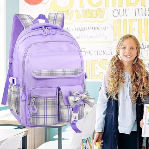 MCWTH Checkered Backpack for Teen Girls, Kawaii Cute Kids Elementary Student School Backpacks (Bow Purple) - color: Checkered Purple