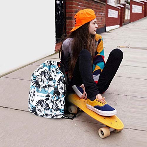 XEYOU Drawstring Sports Backpack Lightweight Gym Yoga Sackpack Shoulder Rucksack Casual Outdoor Daypack for Women and Men | Lightweight - color: Black and White Flower Pattern