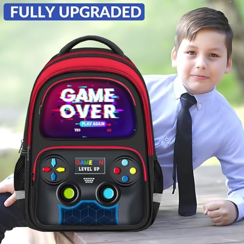 School Backpack for Boys - Gamer Boys Backpack for Kids Children Teens Elementary Middle School - 17″ Video Game Bookbag Travel Back Pack for Age 6-18 - color: Gamer Red-backpack Only