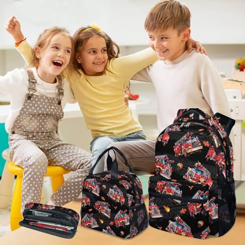 Toddler Boy Backpack Set - Fire Truck Backpacks for Kids - 3Pcs Toddler Bookbag with Lunch Bag and Pencil Pouch - Boys School Bag for Kindergarten/Preschool/Elementary (17 Inch) - color: Red