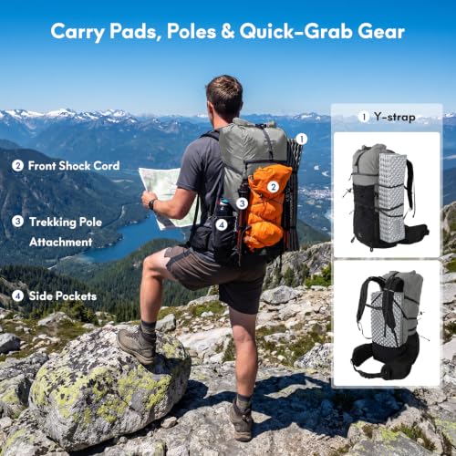 Haimont 40L+15L Roll-Top Backpacking Pack with Rain Cover, Grey | Expandable 55L, Hip Belt Support, Sleeping Pad Carry, Pole Attachments, YKK & Duraflex - color: Grey