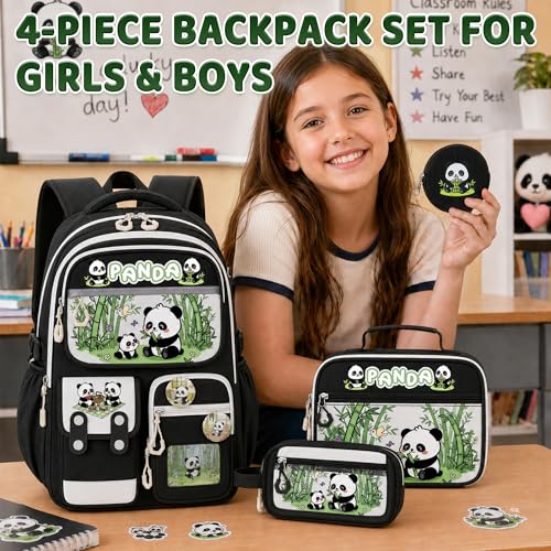 Panda Backpack for Girls, 4 PCS Girls Backpack with Lunch Box Set, Cute Kawaii Large Laptop Bookbag, School Bag for Elementary Kids & Teens - color: Panda