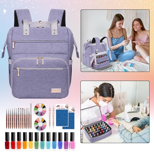 Nail Polish Organizer Case Backpack Holds 70 Bottles (15ml/0.5fl.oz) & Nail Lamp, 2 Layers Detachable Nail Kit Storage Case, Large Travel Nail Supplies Shoulder Bag for Manicure Tools (Purple) - color: Purple