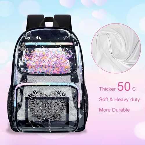 gxtvo 3PCS Clear Backpack, Women’s Sequins Transparent Bookbag Set, Cute Heavy Duty See-Through School Bag for Teens and Elementary Students – Flower Black Love - color: Flower Black Love Clear Backpack Set