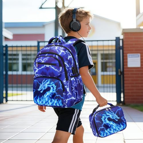 Bevalsa Backpack for Boys, Lightning School Bags with Lunch Bag & Pen Case for Kids, Bookbag for Boys Teens Elementary Middle High School - color: Blue Dragon