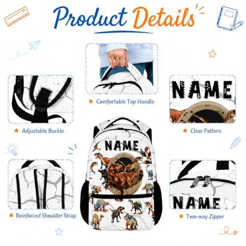 Boys Dinosaur Backpacks Custom Toddler Backpack with Lunch Box Set, 17 Inch Personalized Kids Bookbag for Preschool Kindergarten Elementary Dinosaur-Themed School Bag - color: White