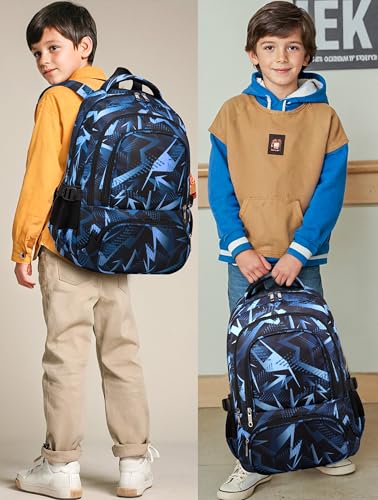 BLUEFAIRY Kids School Backpack for Boys Girls Ages 6-8 8-10 10-12 Elementary Middle School Book Bags with Laptop Compartment Mochilas Escolares para Niños Niñas de 8 10 12 Años (Blue, Geometric) - color: Blue