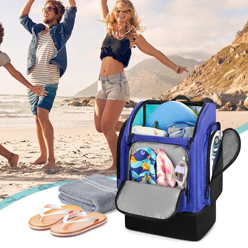 Fasrom Mesh Beach Backpack with Insulated Cooler Compartment, Wet Dry Separation Beach Bag, Large Capacity Tote for Swim - color: Blue