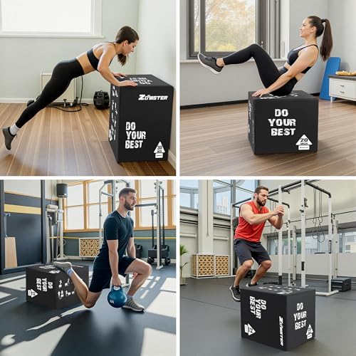 Zoomster 3-in-1 Foam Plyometric Jump Box for Home Gym Jump Training, HIIT, MMA, Weighted Stepup, Push Press and Strength Training - style: 16 X 20 X 24inch / 10lbs
