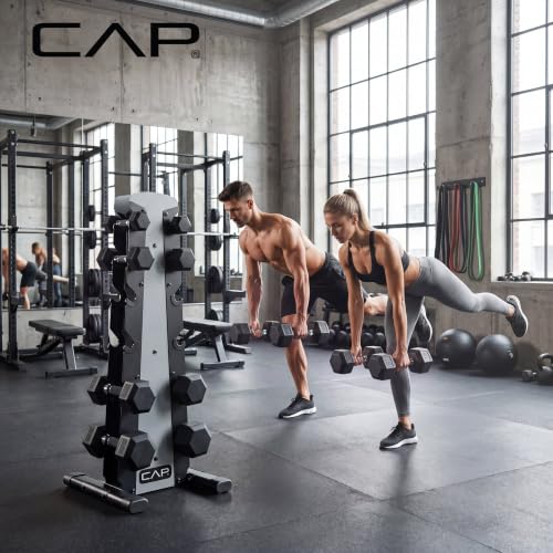 CAP Rubber Coated Hex Dumbbell Set with Storage Rack | 100–210 lb Options, Space-Saving Vertical Compact Storage for Home Gym Strength Training - size: 210 lb - Set - Silver Rack, style: Comfort Handle