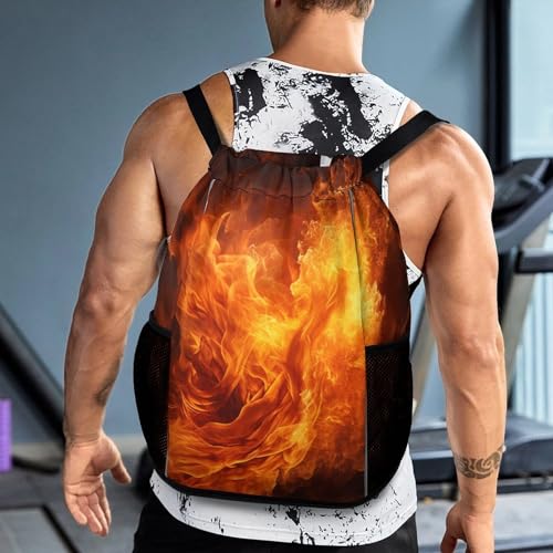 Drawstring Gym Backpack with Shoe Compartment And Wet Pocket, 28L Lightweight Waterproof Roaring Flame Sports Backpack for Workout Swim Beach Travel String Bag for Men Women