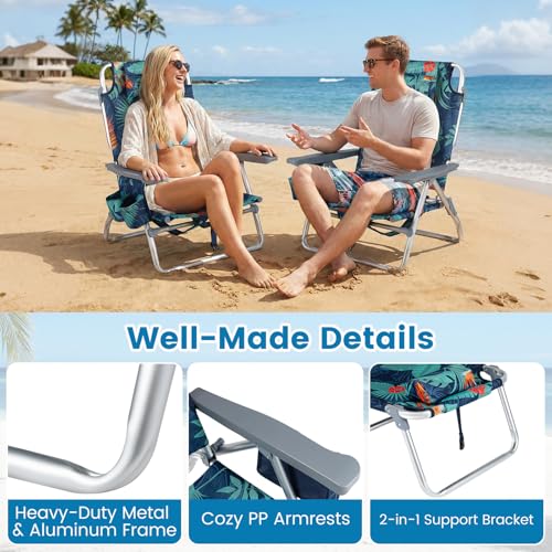 COSTWAY Portable Folding Backpack Beach Chairs Set of 2 with 5-Position Backrest, Padded Headrest, Cup Holder & Ice Bag for Lawn, Poolside (Palm Tree Green) - color: Palm Tree Green