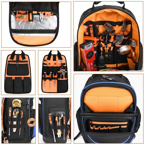 Tool Backpack Bag, Durable Electrician Backpack Tool Bag for HVAC with Waterproof Molded Base, Construction Work Heavy Duty Tools Organizer Bags with Combination Lock Large - Red - color: Red