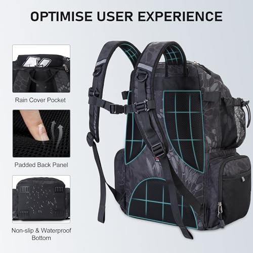 N NEVO RHINO Fishing Tackle Backpack with Rod Holders, 40L Large Fishing Bag with Waterproof Rain Cover,Outdoor Tackle Bag - color: Camouflage Black Pack with 4 Trays, size: Pack with 4 Trays