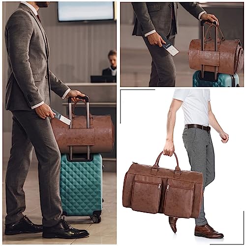 seyfocnia Convertible Travel Garment Bag,Carry on Garment Duffel Bag for Men Women - 2 in 1 Hanging Suitcase Suit Business Travel Bag - color: Brown-2zipper pocket