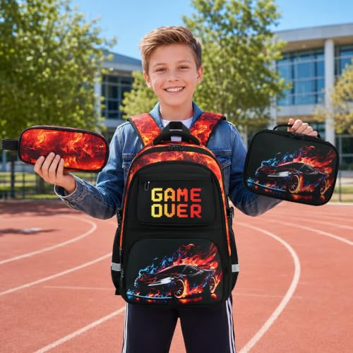 Scothen 3PCS Boys Backpack Set, Cool Backpack for Boys with Lunch Bag & Pencil Case, Kids School Bag Teen Boy Bookbag for Kindergarten Elementary Middle School with USB Charging Port - color: Red Flame Race Car