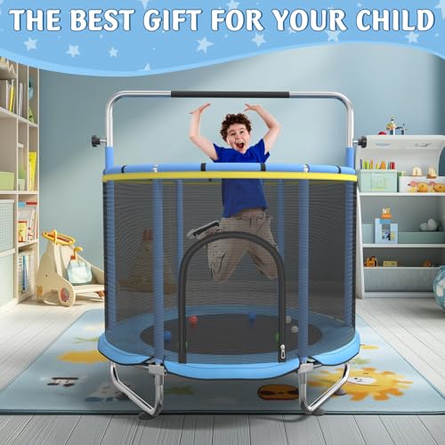 Trampoline for Kids, 55" Indoor & Outdoor Toddler Trampoline, Anti-Rollover Bottom Kids Toys with Adjustable Gymnastics Bars, Toddler Swing, Basketball Hoop - color: Blue