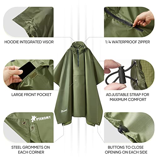 PTEROMY 3-in-1 Hooded Rain Poncho for Adult with Pocket, Waterproof Lightweight Unisex Raincoat for Hiking Camping Emergency - color: Green 1/4 Zipper