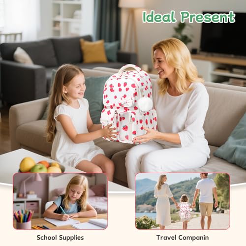 Girls Backpack, School Backpack for Girls, Cute Bow Kids Bookbag for Grils Children Teens for Elementary Middle High School Student, Back To School, White Strawberry 3pcs - color: White Strawberry-3pcs
