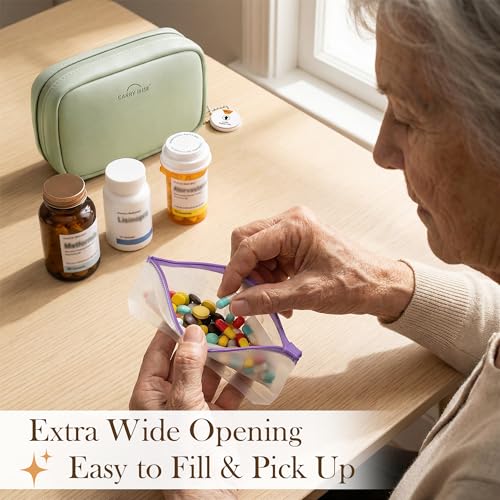 Weekly Pill Organizer,Vegan Leather Travel Medicine Bag - Pill Container with 7 Color-Coded Resuable Waterproof Pills Pouches, Dual-Sided Labeling Design & Reminder Spinner for Vitamins, Supplements - color: Green