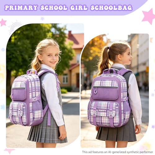 Backpack for Girls,Cute Plaid Backpack,Preppy Bookbag for Elementary & Middle School Students,Large Capacity School Bag,17 Inch,Purple - color: Purple