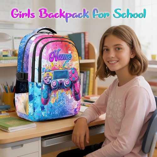 Gamer Backpack for Kids Teens 6-16 Custom Gaming Bookbag, Personalized 17 inches Backpack Back to School Supplies for Game Lovers - color: Pink