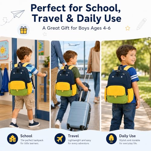BTOOP Kids Backpack for Boys 3-6, Preschool Kindergarten Backpack with Insulated Lunch Compartment & Chest Strap, Cute Lightweight School Travel Bag Fits A4 Folder - color: Navy-blue, size: Age 3-6 (14.5" H Fit Folder)
