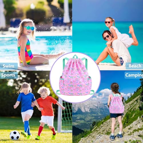 RHCPFOVR Drawstring Backpack for Kids - Rainbow Bags for Girls Mini Gym Dance Beach Swim Travel Bag With Two Water Bottle Holder - color: Rainbow