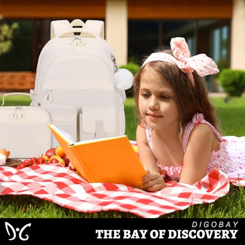 DIGOBAY 3PCS Girls Backpack for School, Kids Backpack for Girls with Lunch Bag Pencil Case, Kids Bookbag Teen Girl Backpacks for Elementary Middle High College School (White) - color: Beige