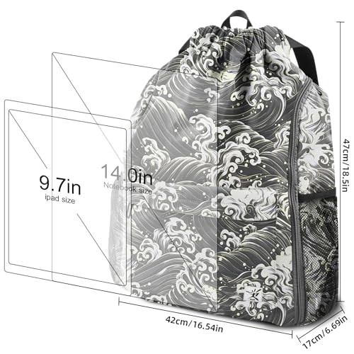 Drawstring Backpack with Mesh Pockets String Gym Bag Sackpack Sandproof Water Resistant Beach Backpack for Men Women - color: Black Waves