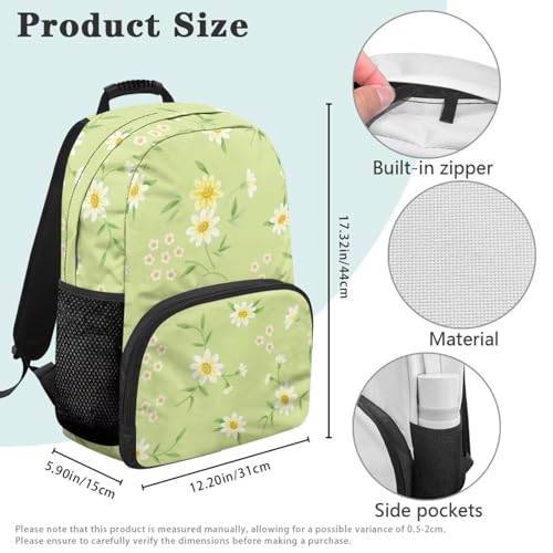Daisy Green Leaf Print Water-Resistant Polyester School Backpack - 17.3 Inch Laptop Compatible Bookbag with All-over Printing & Bottom for High School/College Daily Use Backpack - color: Daisy Green Leaf Print
