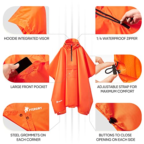 PTEROMY 3-in-1 Hooded Rain Poncho for Adult with Pocket, Waterproof Lightweight Unisex Raincoat for Hiking Camping Emergency - color: Orange 1/4 Zipper