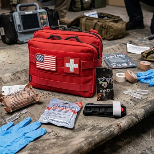 WYNEX Tactical Large Admin Pouch of Double Layer Design, Molle EDC EMT Utility Pouch with Map Sleeve Modular Tool Pouch Large Capacity Flag Patch Included - color: Red