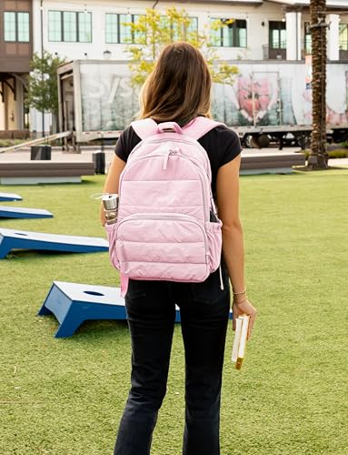 Uselike Travel Backpack for Women, 15.6 Inch Laptop Backpack, Quilted College Bookbag, Cute Work Backpacks, Water Resistant - color: Light Pink