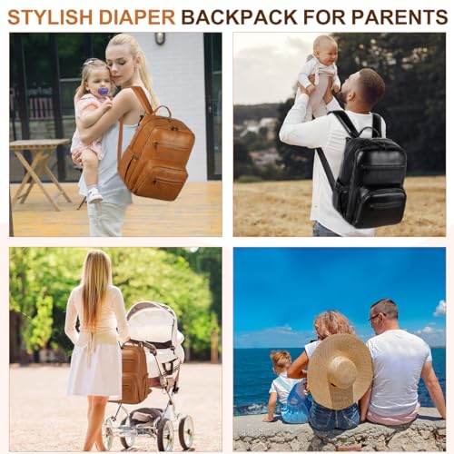 VASCHY Diaper Bag Backpack for Mum Dad, Unisex Large Waterproof Vegan Leather Baby Bag with Changing Pad,Insulated Pockets,Padded Laptop Sleeve for Travel,Black - color: Black