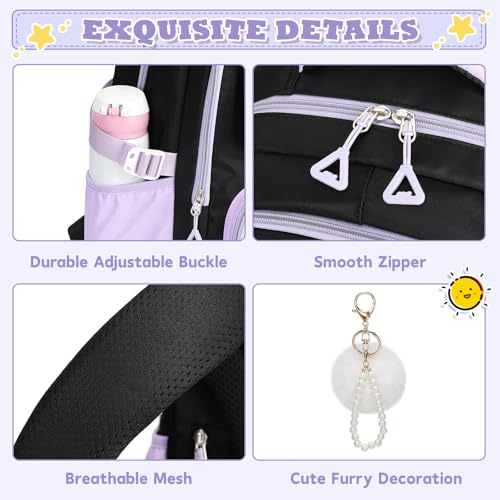 MUSEVOS Girls Backpack, Ideal School Backpack for Girls from Elementary to Teen Years, Kawaii Bookbag Cute Large Capacity (BLACK&PURPLE) - color: Black&purple