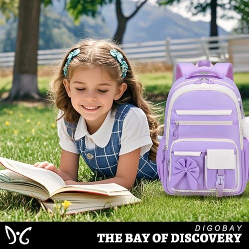 DIGOBAY Backpack for Girls, 3PCS Girls Backpack for School with Lunch Bag Pencil Case, Cute Kids Teens Bookbag for Kindergarten Elementary Preschool Middle School (Purple) - color: Beige-purple
