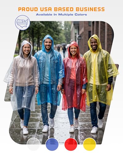 Hagon PRO Disposable Rain Ponchos for Adults, Hooded Poncho, Family 5 Pack - color: Red