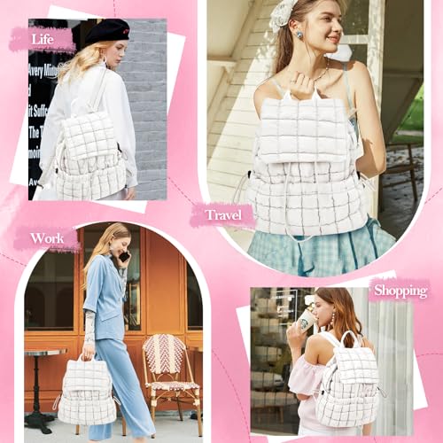Quilted Puffer Backpack for Women Lightweight Soft Puffy Backpack Purse Casual Daily Drawstring Flap Daypack (White) - color: White